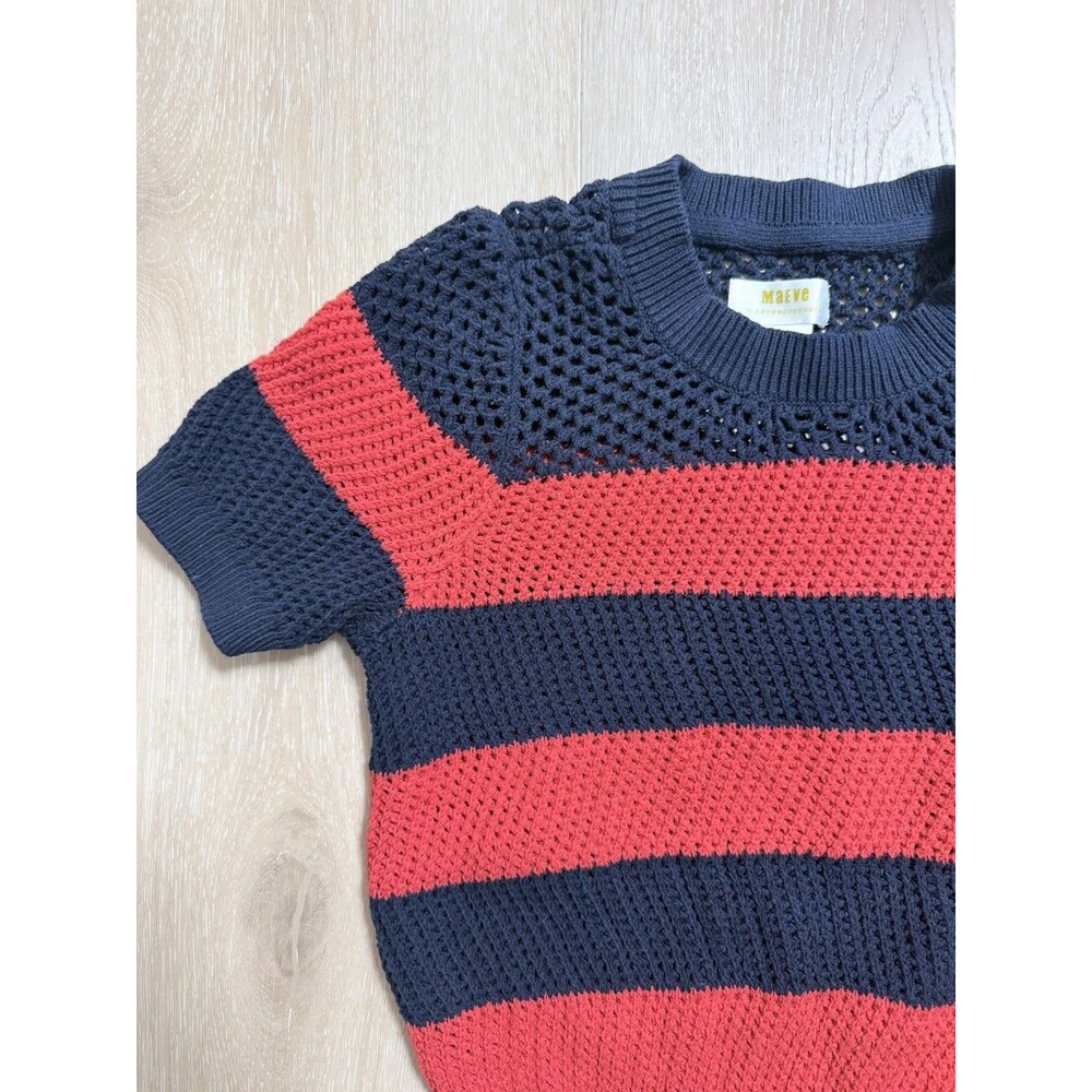 Anthropologie Maeve Open Knit Striped Sweater Top XS Red Navy Blue Short Sleeve - Picture 14 of 14